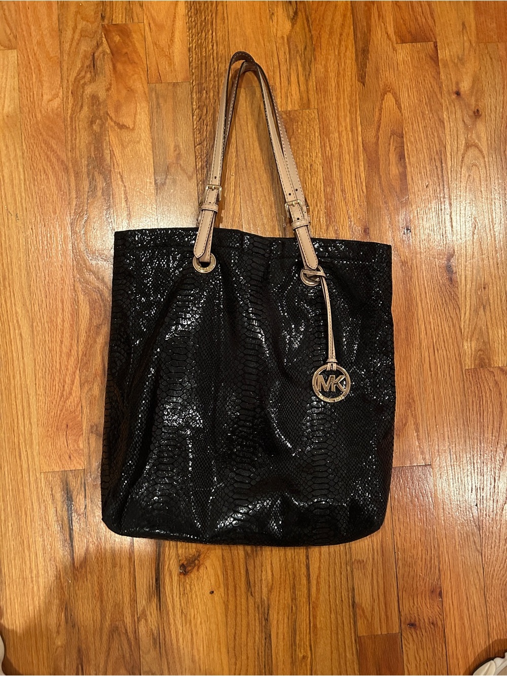 Michael Kors Black Tote with Tan Handles and Gold MK Charm